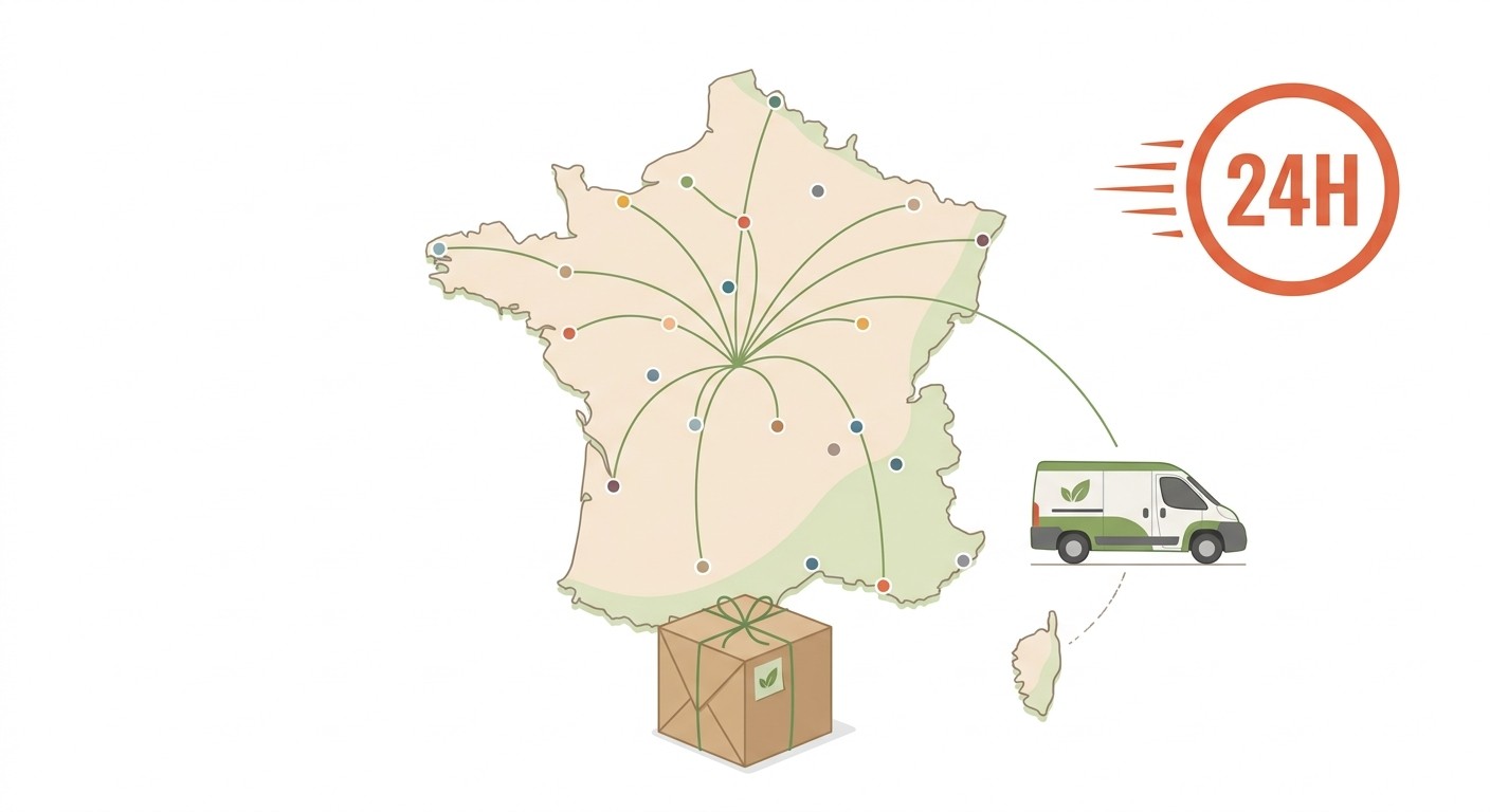 Carte de France illustrant la livraison 24h Justbob à travers tout le territoire avec des flux colorés des colis et une camionnette de livraison