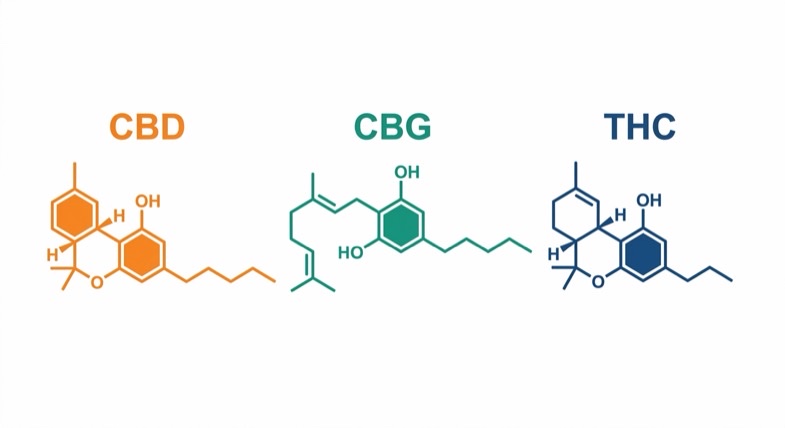 Illustration des trois molécules cannabinoïdes CBD CBG et THC avec structures chimiques stylisées en flat design