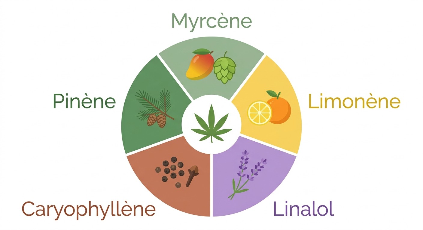 Roue aromatique des cinq principaux terpènes du chanvre CBD avec leurs correspondances naturelles mangue citron lavande poivre pin